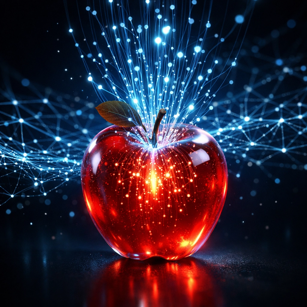 A glowing digital apple connected to a data network representing Google's Knowledge Graph entity identification.