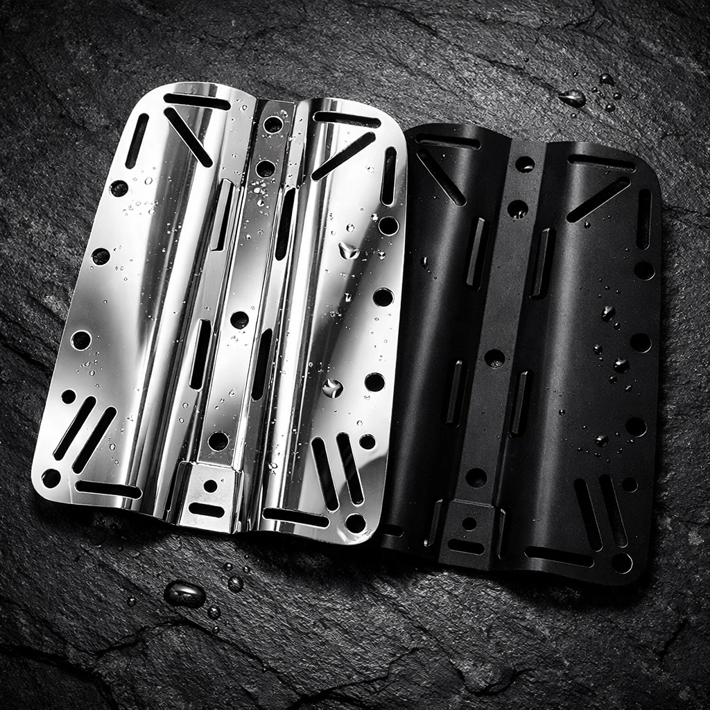 Vergleich einer Edelstahl- und Aluminium-Backplate für ein modulares Wing-System.