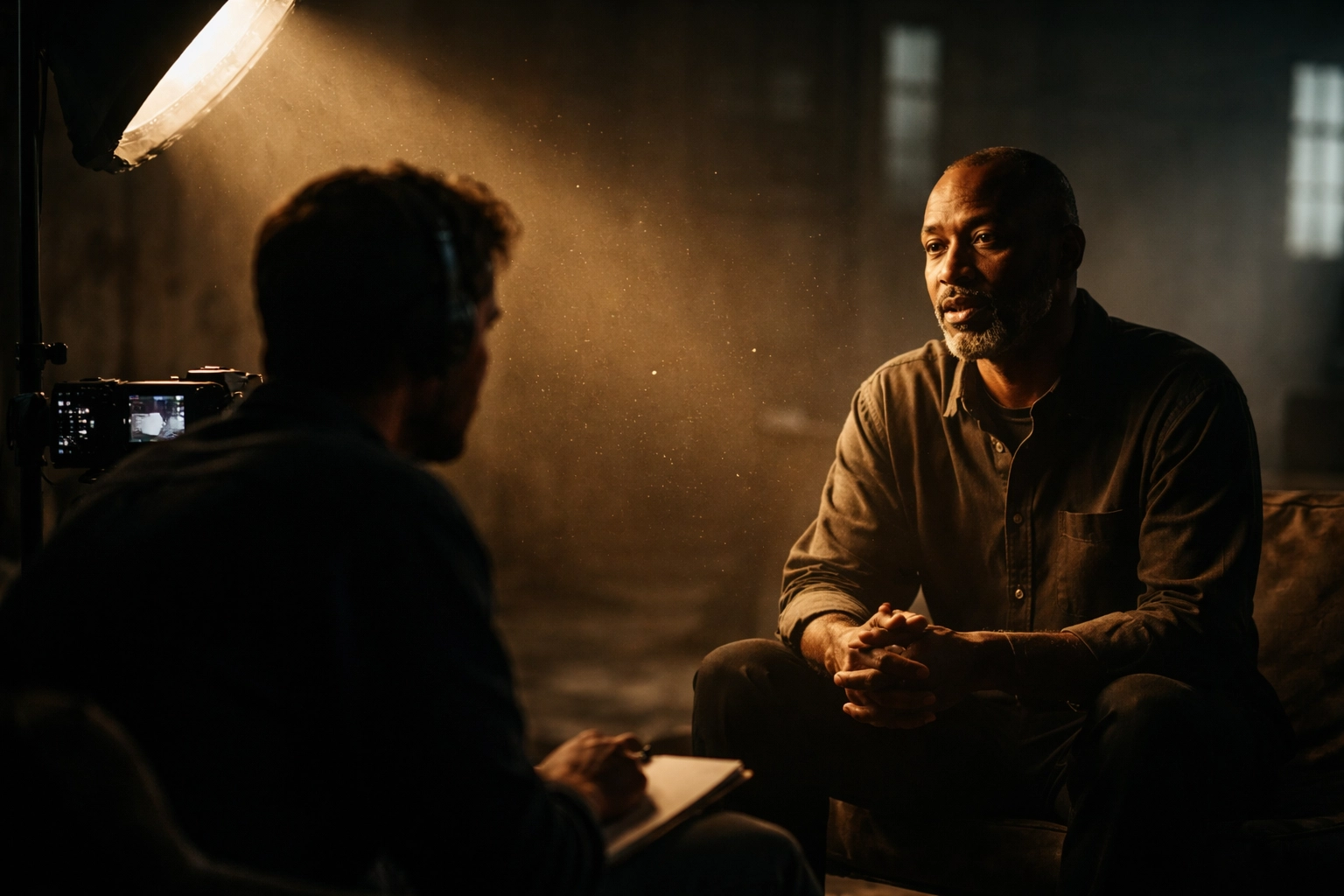Documentary filmmaker interviewing a subject in moody lighting, emphasizing authentic human storytelling connection