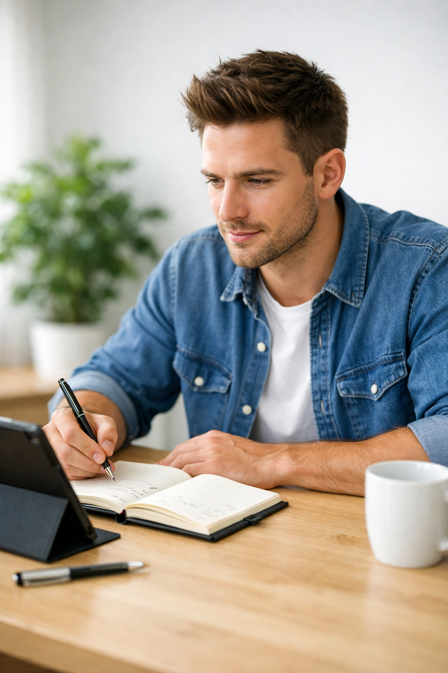 A man managing his finances and bad credit loans in Canada using a tablet and notebook.