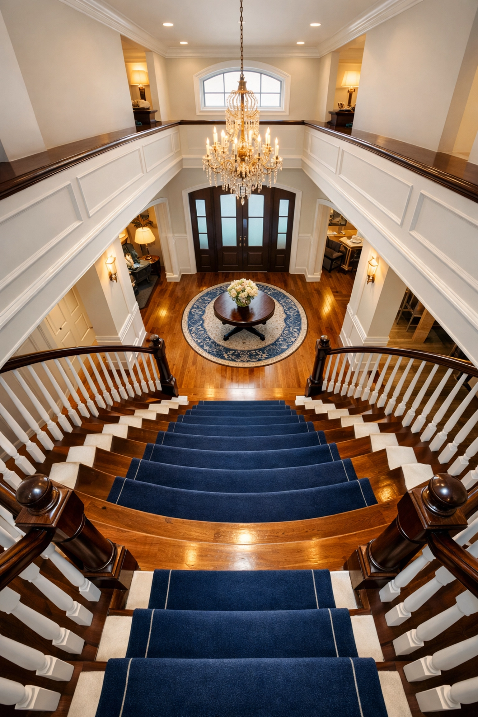 Top-to-bottom deep cleaning Lowell of a luxury home entryway and spotless staircase.