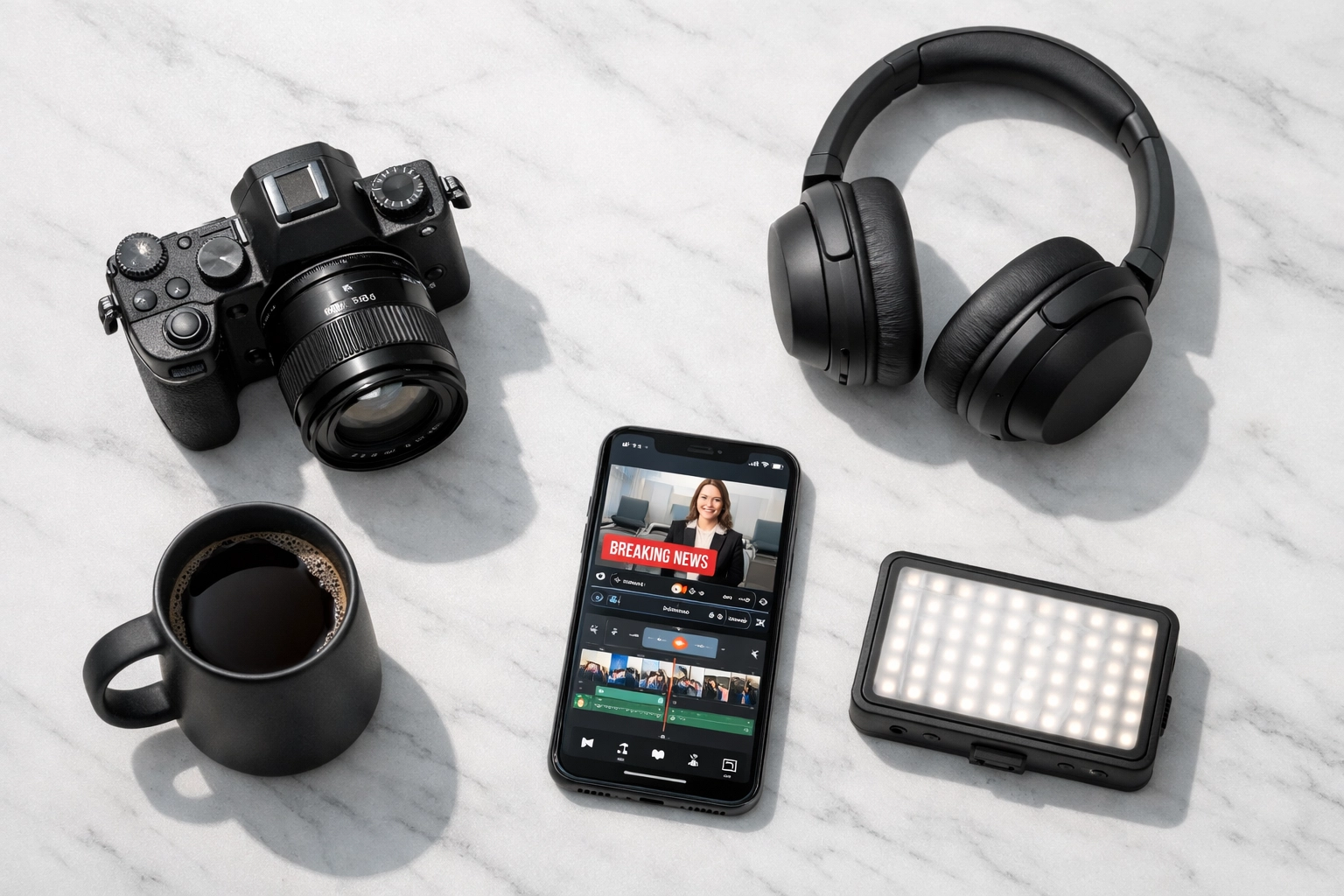 Flat lay of essential mirrorless camera gear and editing tools for a modern content creator.