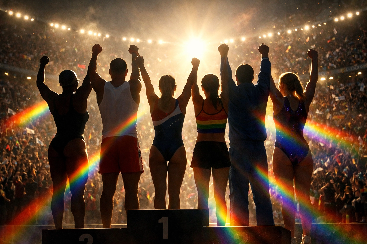 LGBTQ+ athletes standing on podium with arms raised in victory facing cheering crowd