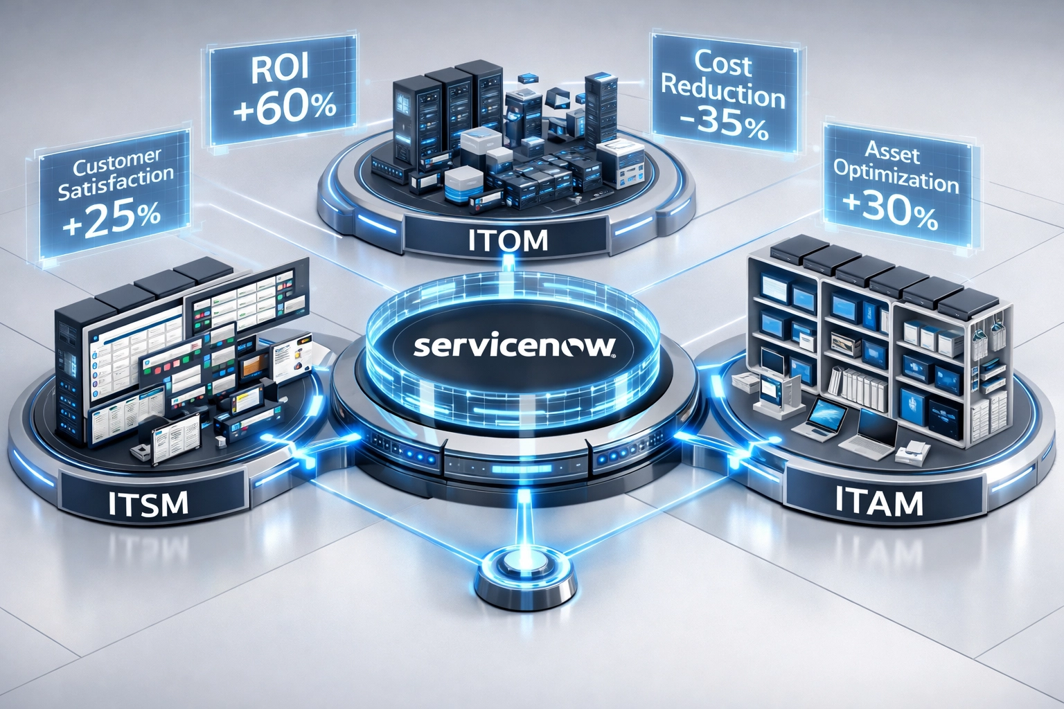 Integrated ServiceNow ecosystem connecting ITSM, ITOM, and ITAM modules with ROI metrics