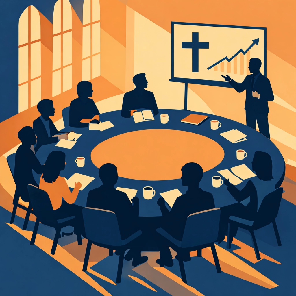 Church leadership team meeting around table discussing communication and transparency strategies