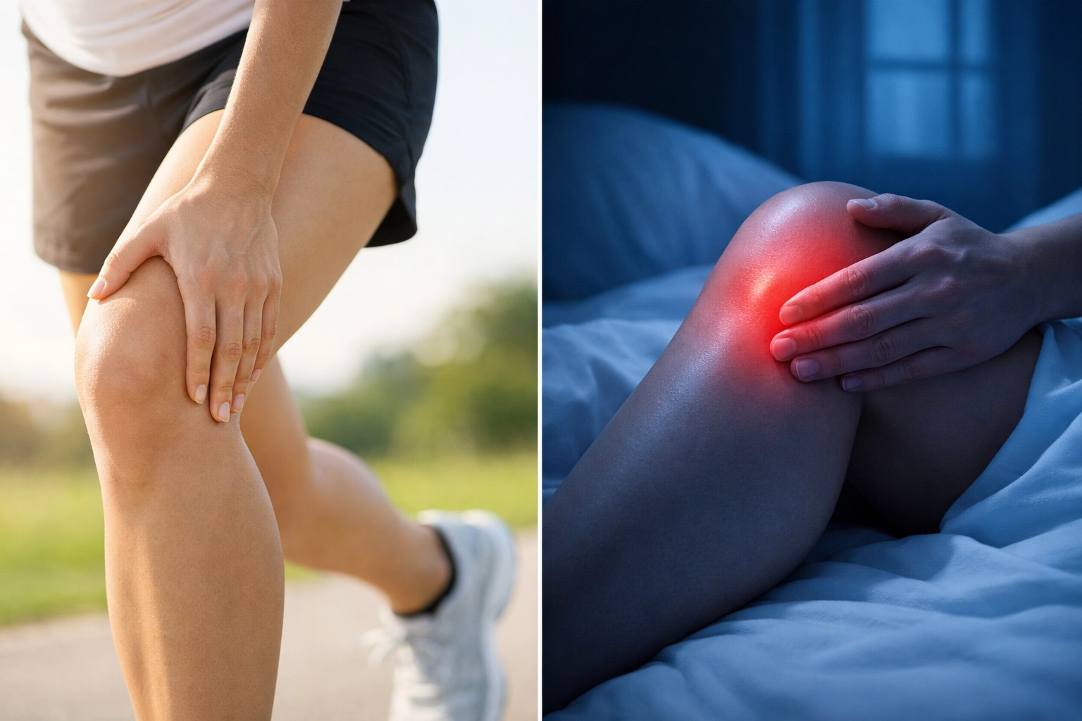 Split view of knee during daytime activity versus nighttime rest showing why knee pain worsens