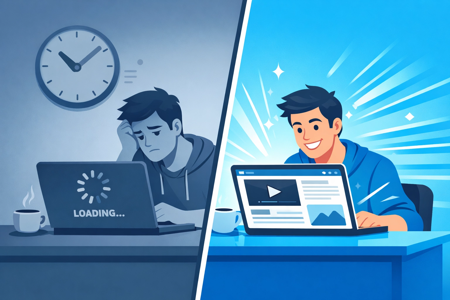 Comparison of slow website loading time versus fast page load speed optimization