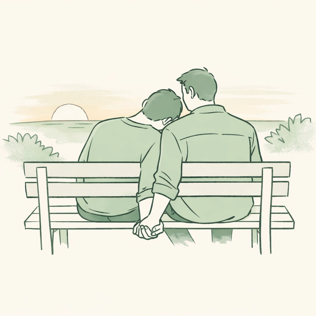 Two men sharing a quiet, emotional moment representing a queerplatonic relationship in queer fiction.