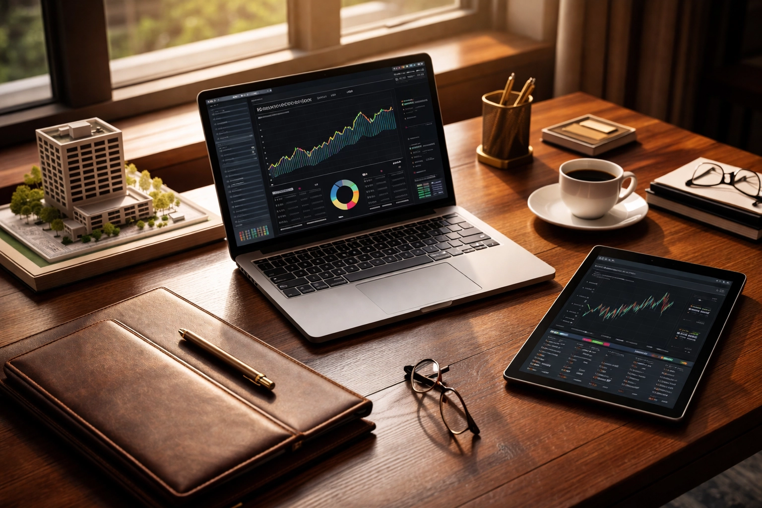 Investor's desk with portfolio charts and tools, symbolizing modern diversified portfolio management strategies