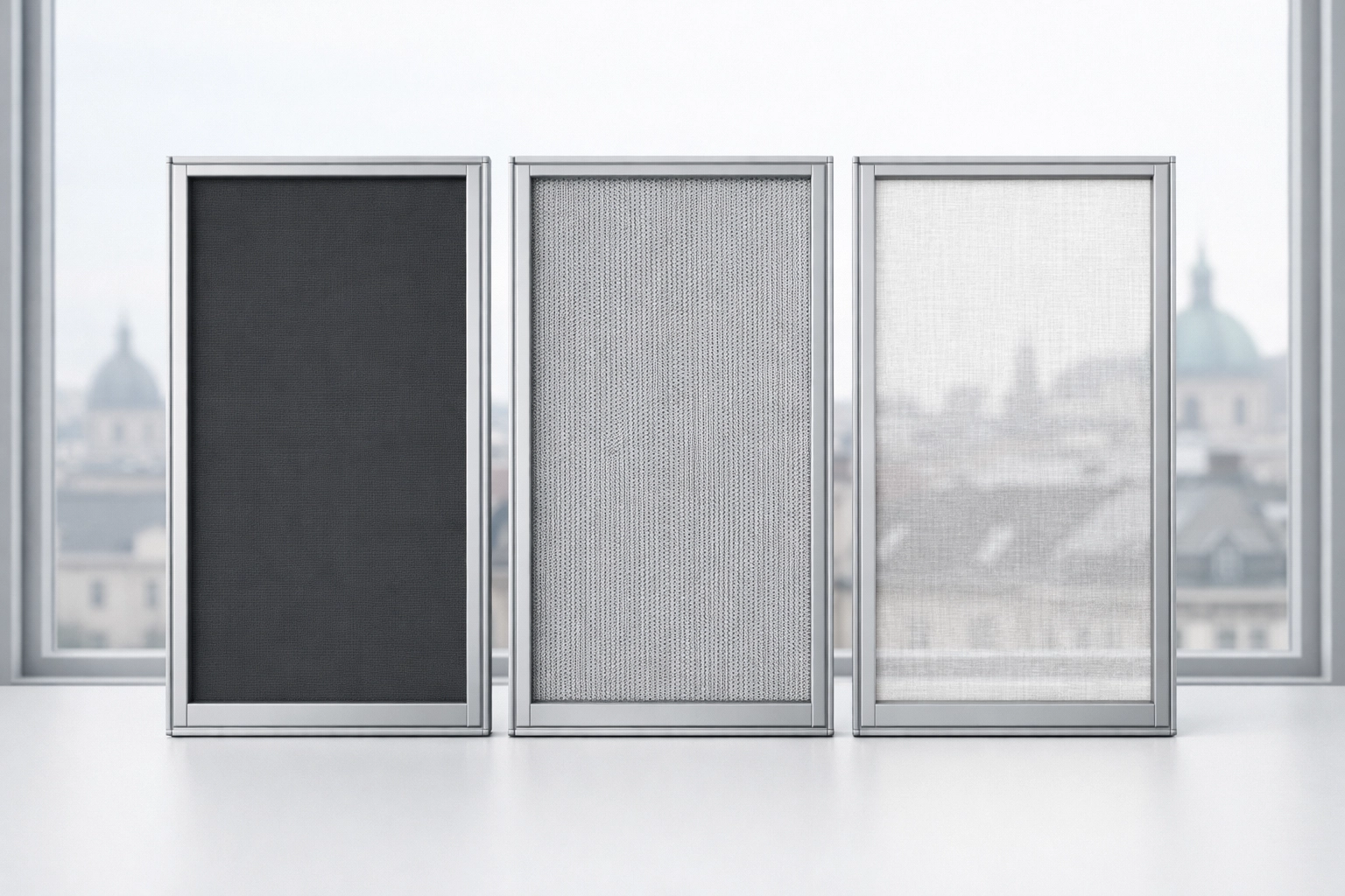 Drei verschiedene Transparenzstufen von Zip Screen Geweben für optimalen Sichtschutz in Wien.