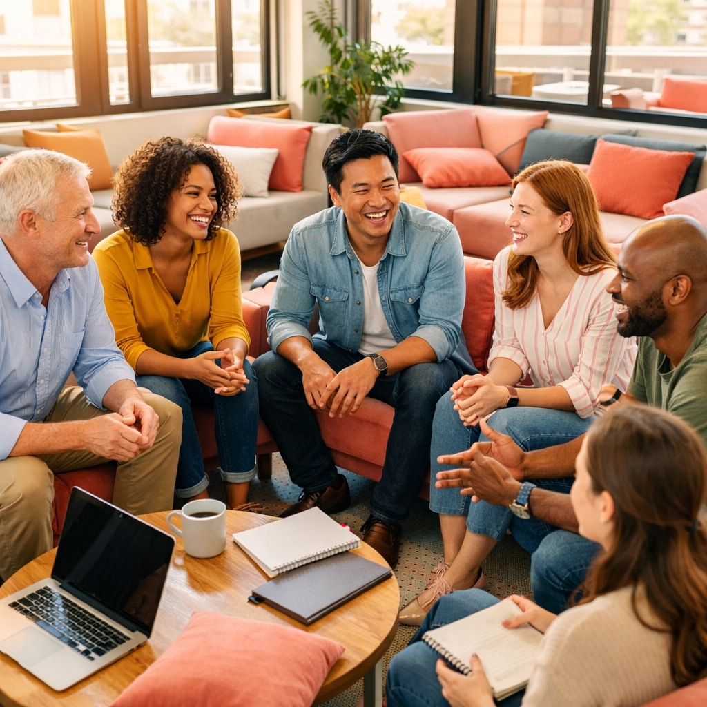 Professionals networking in Facebook Group community building conversation for service business leads