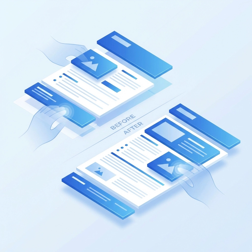 Illustration of rearranging web page content blocks to improve site readability and structure