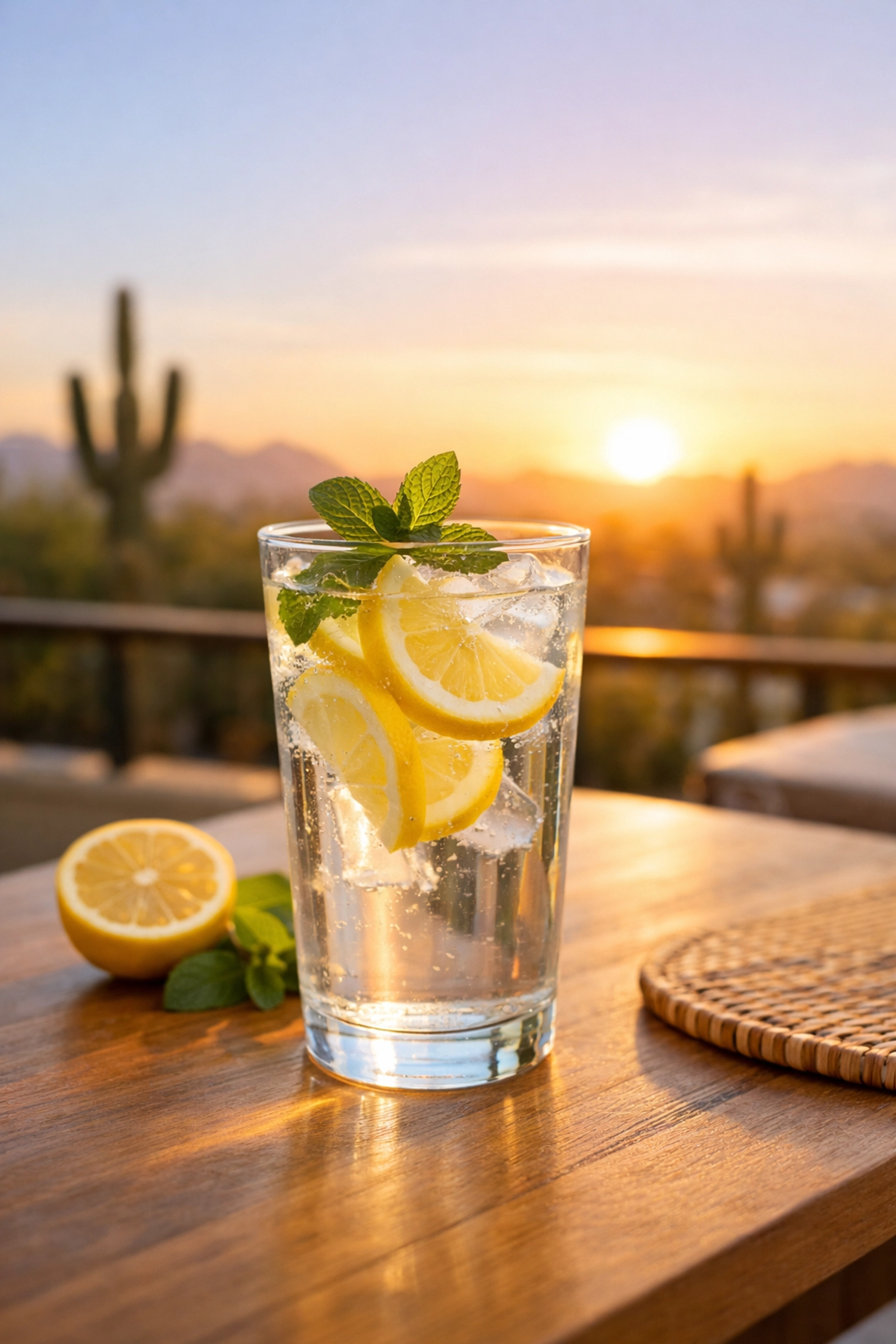 Refreshing lemon water during an Arizona sunrise, emphasizing hydration for weight loss success.