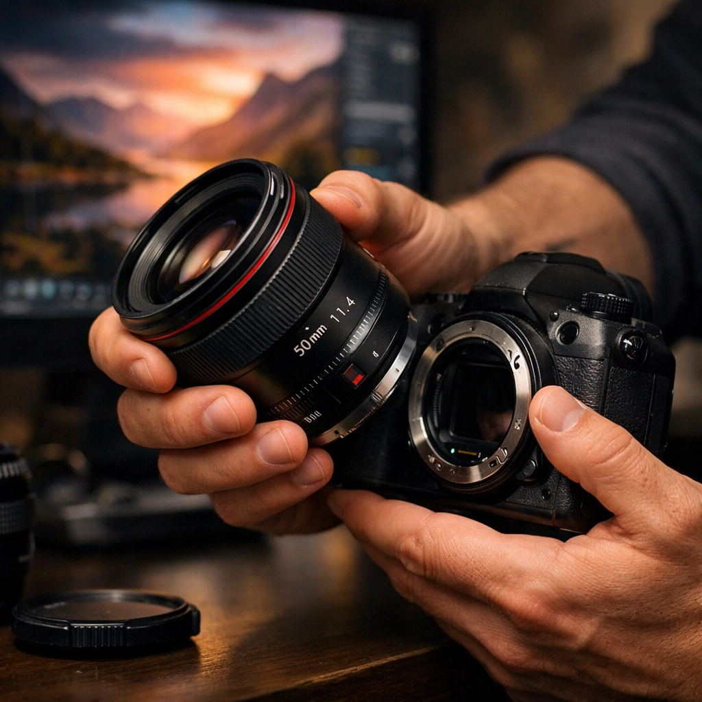 Detailed view of professional photography gear with hands changing a camera lens in a modern workspace.