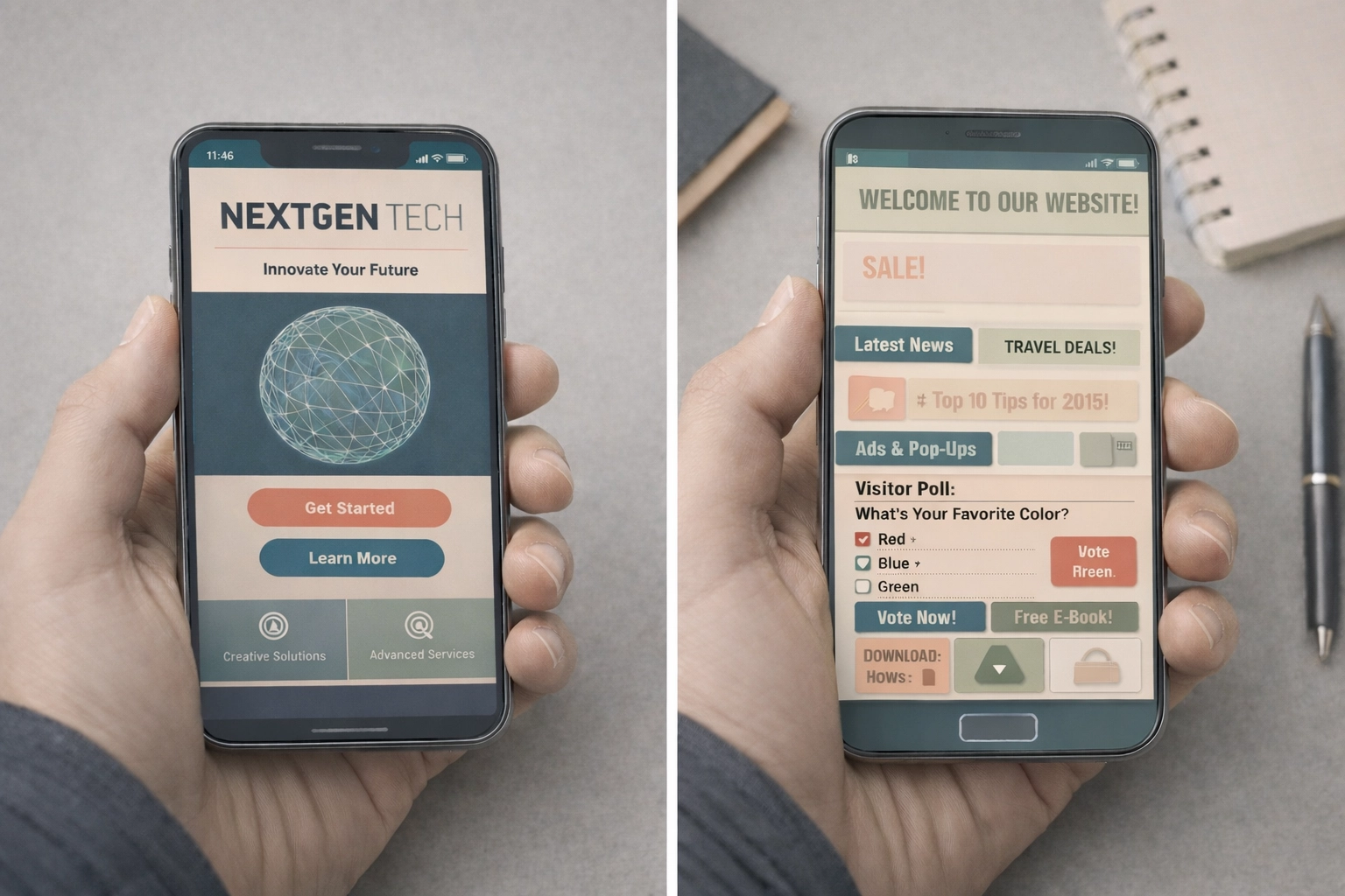 Side-by-side comparison of modern responsive web design versus outdated website layout