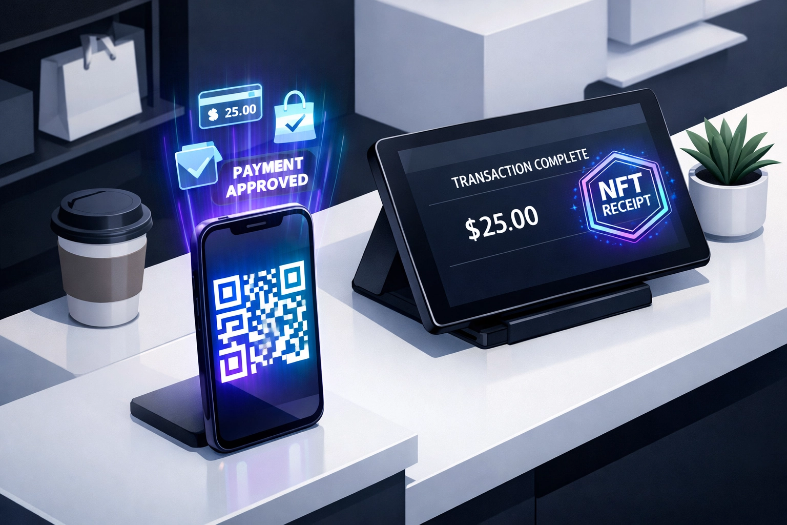 QR code crypto payment system with NFT receipt generation for merchants and retailers