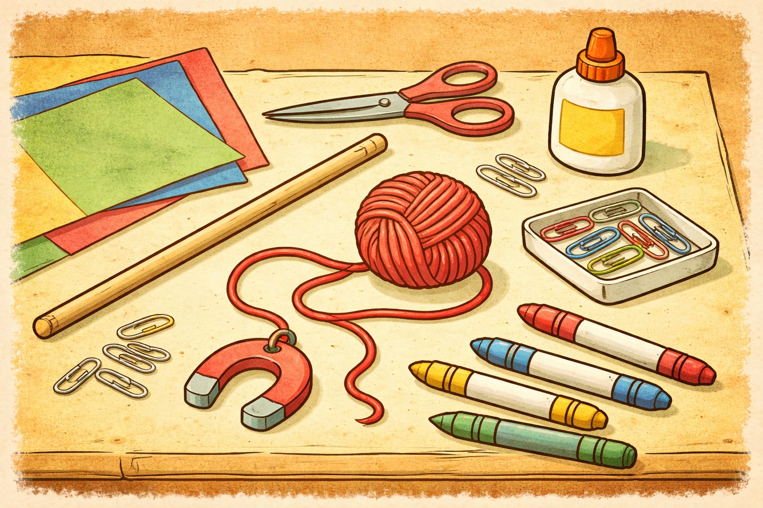 DIY magnet fishing craft materials laid out on a table, including paper, yarn, magnets, and scissors