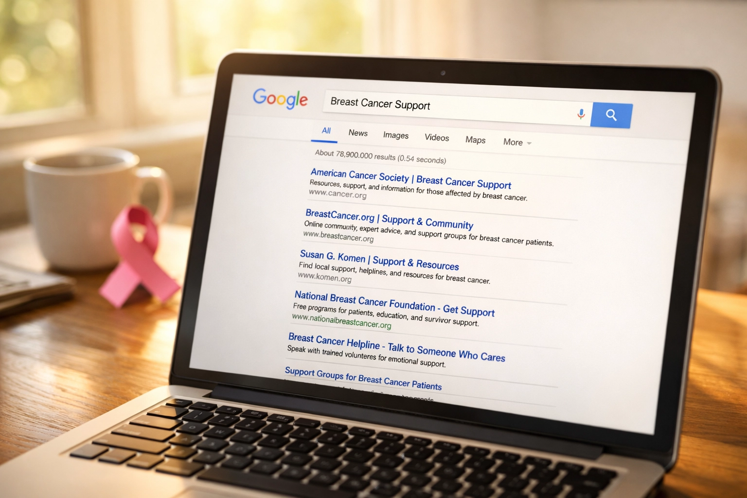 Google search results showing breast cancer support organizations on first page