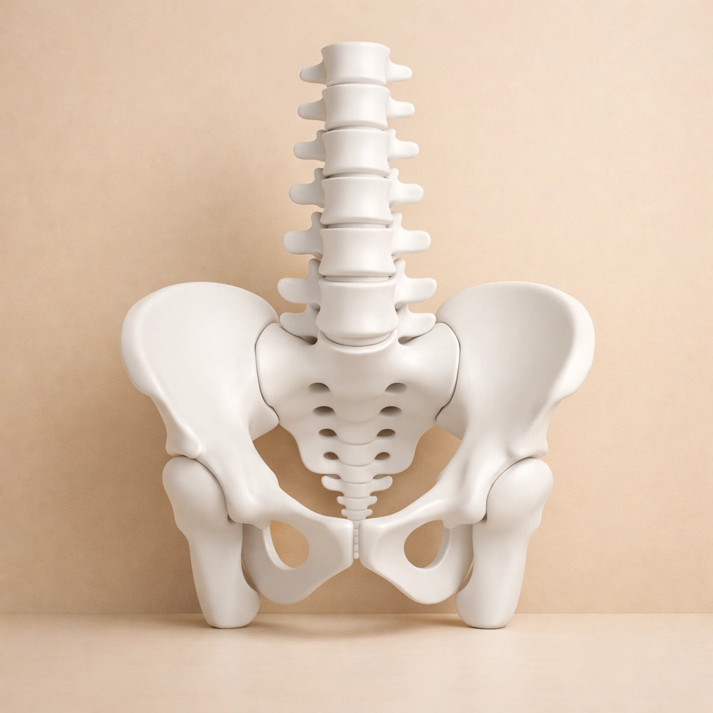 A perfectly balanced human pelvis and lower spine highlighting structural alignment for sciatica relief.