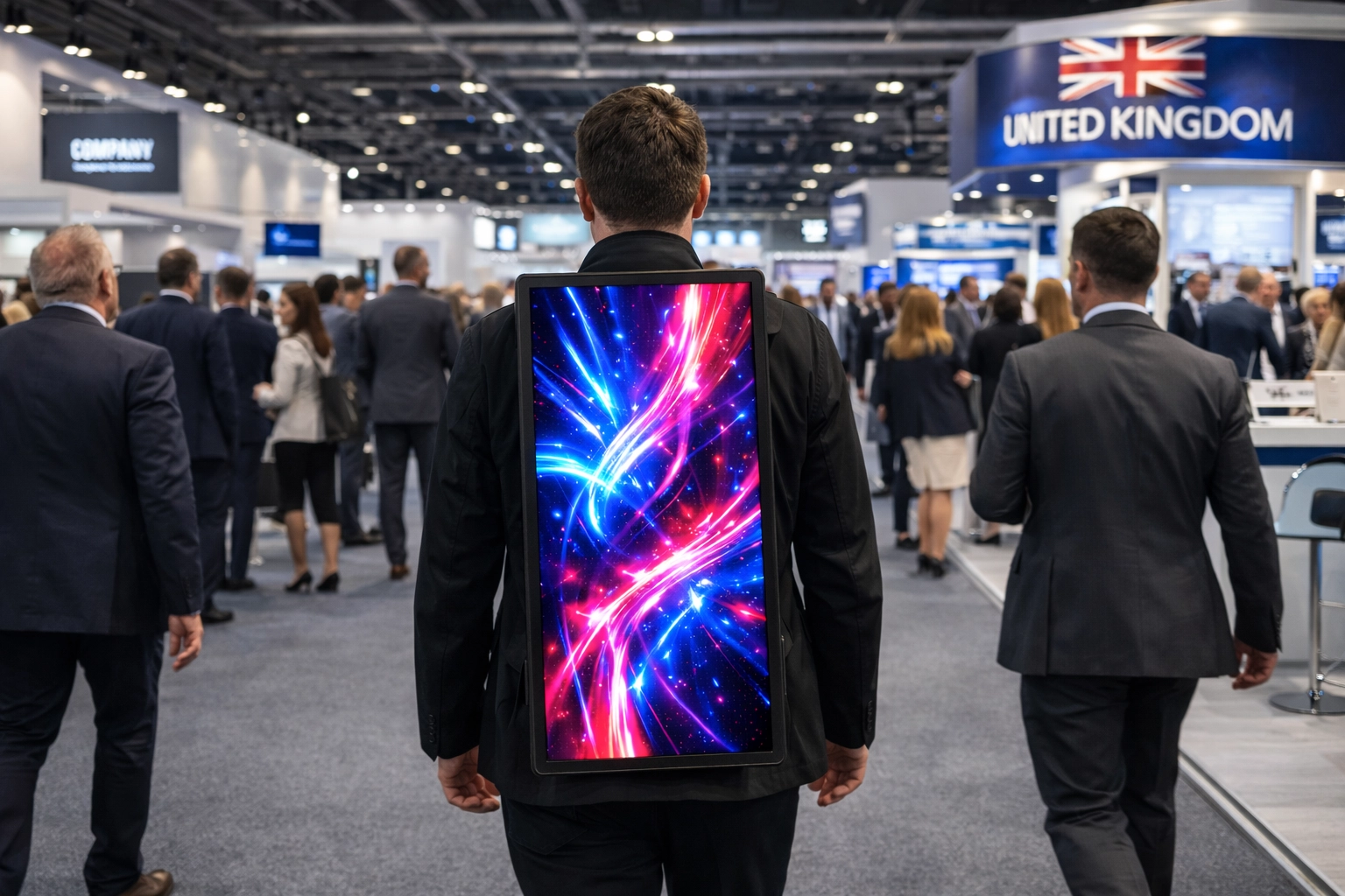 Professional walking billboard for events moving through a busy UK trade show crowd.