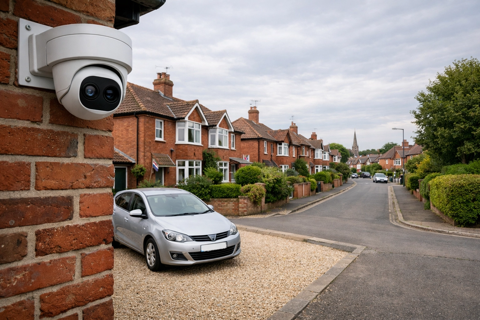 White turret CCTV camera installed on a red-brick semi-detached house in a Taunton residential street.