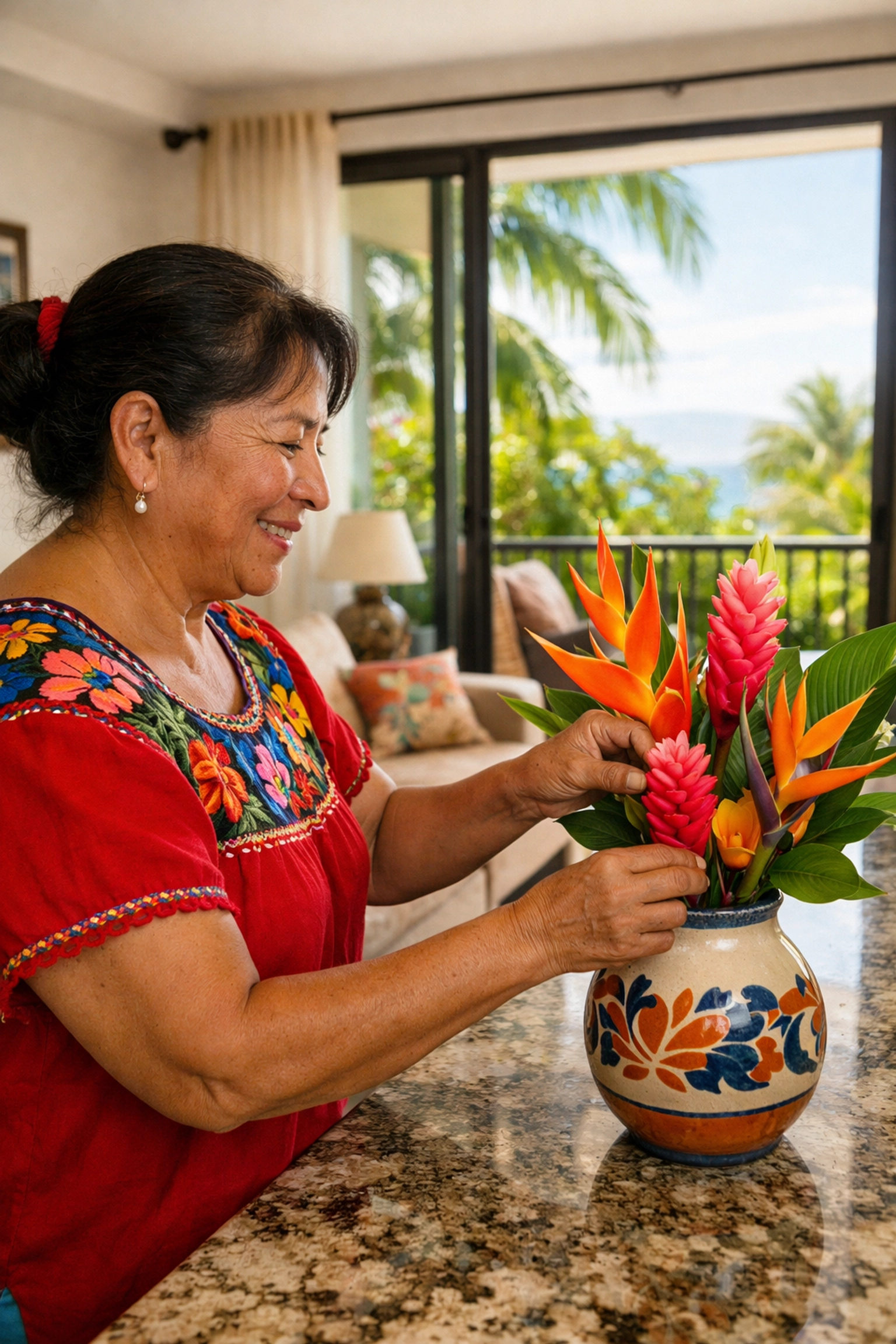 Local host preparing Puerto Vallarta condo rental with fresh flowers