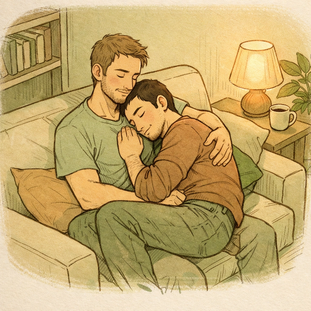 MM couple embracing on couch showing unconditional acceptance in found family relationships