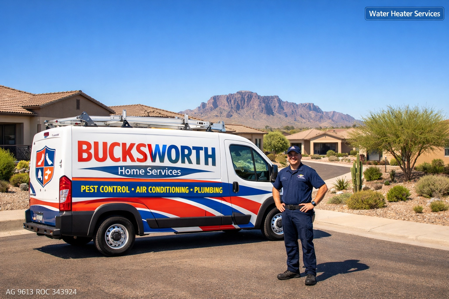 Bucksworth Home Services truck providing local water heater services in San Tan Valley, AZ.