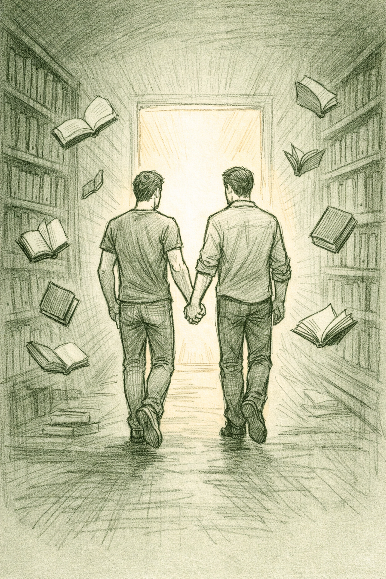 MM couple walking hand-in-hand toward light representing journey from isolation to connection