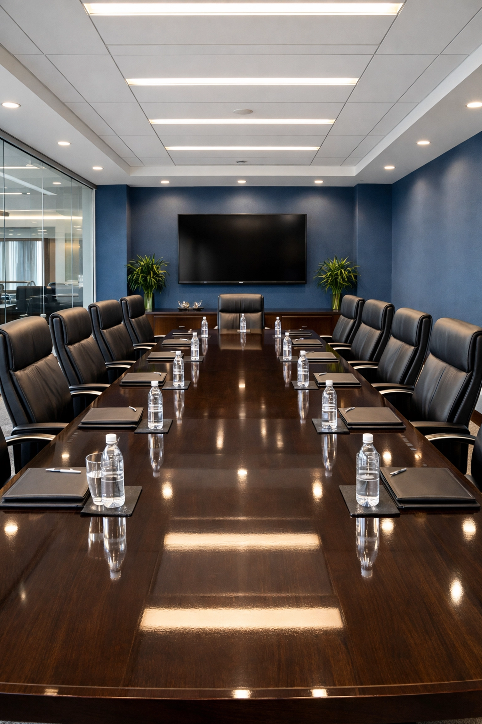 Pristine corporate boardroom with streak-free glass and polished furniture from commercial cleaning services.