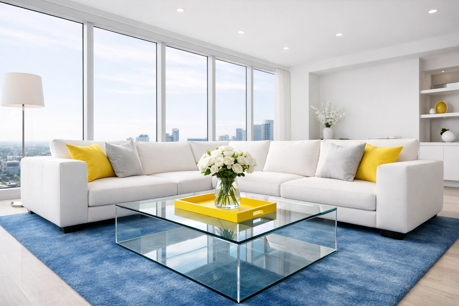 Clean white sectional sofa in a luxury living room after professional fabric stain removal.