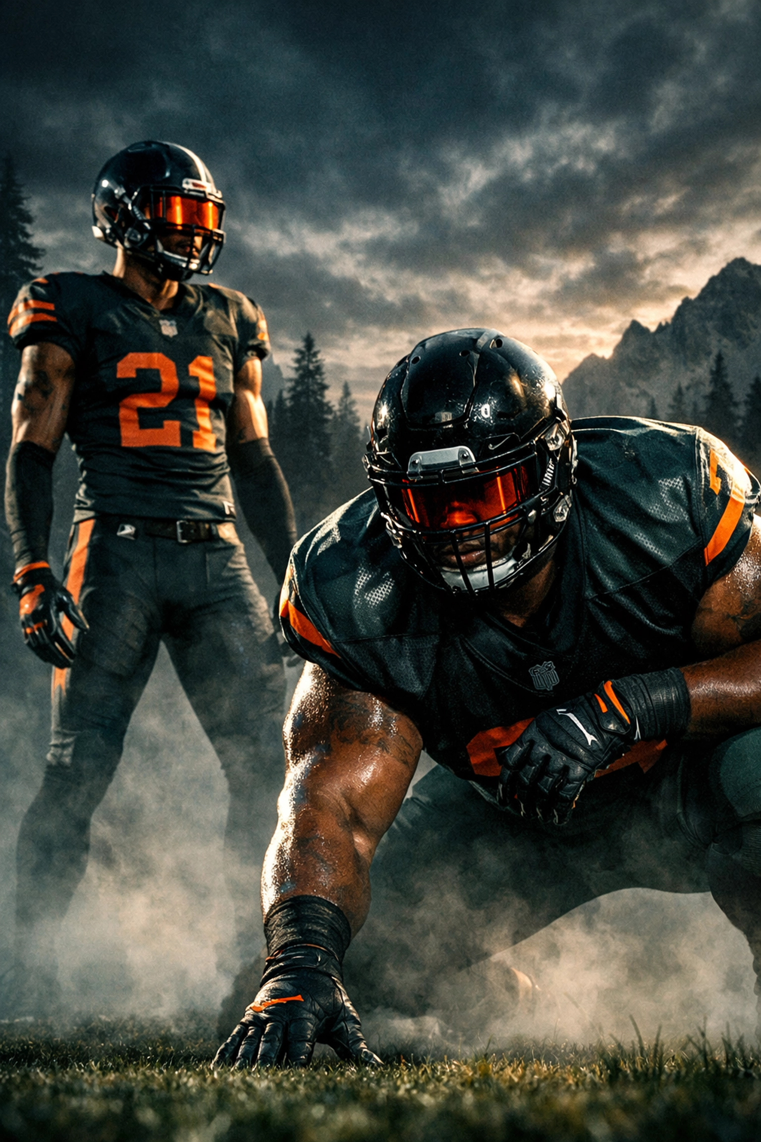 Elite defensive lineman and safety prospects from Idaho's 2027 class on a misty Northwest football field.