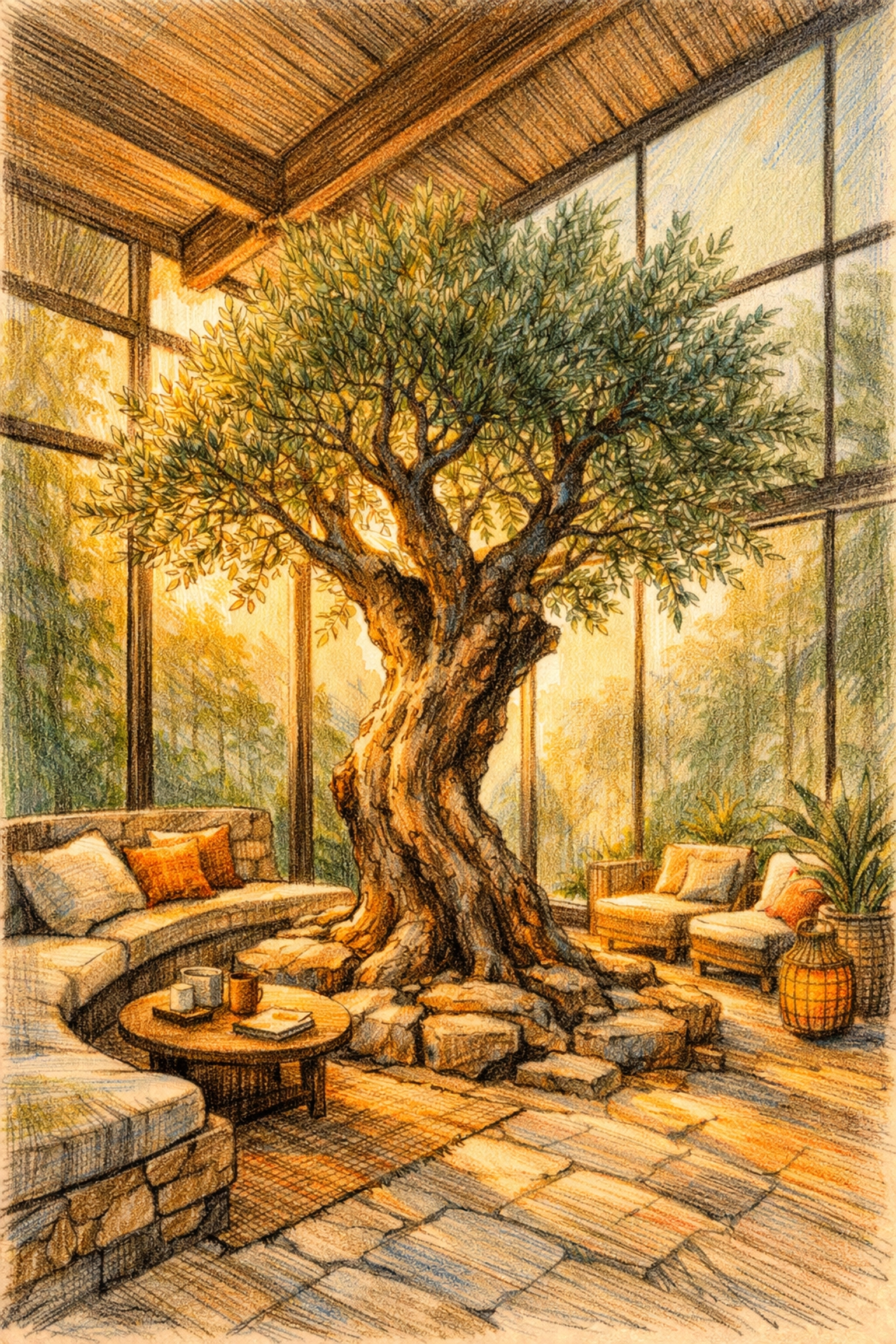 Sustainable hotel architecture featuring an indoor olive tree and floor-to-ceiling glass.