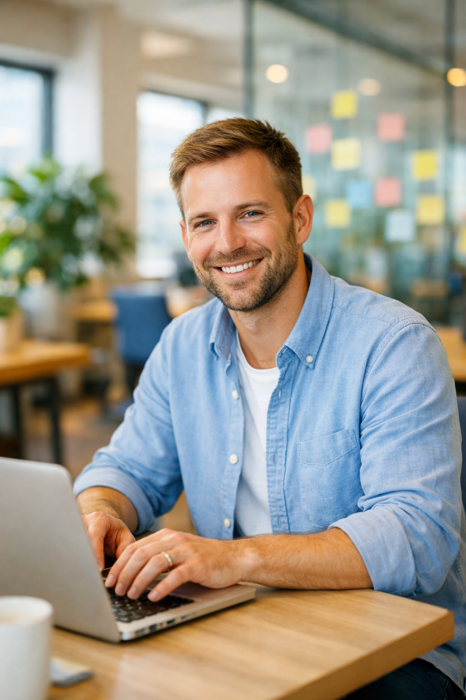 Friendly professional smiling while providing support to the global LearnRise community from a modern office.