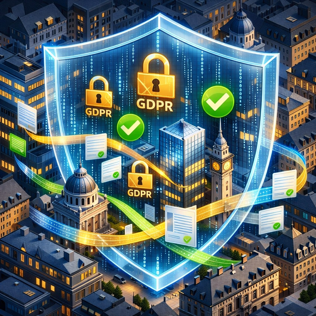 European cityscape protected by GDPR and DORA compliance security framework