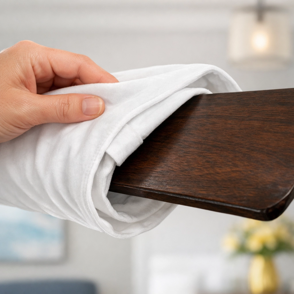A hand sliding a white pillowcase over a ceiling fan blade to trap dust and allergens safely.