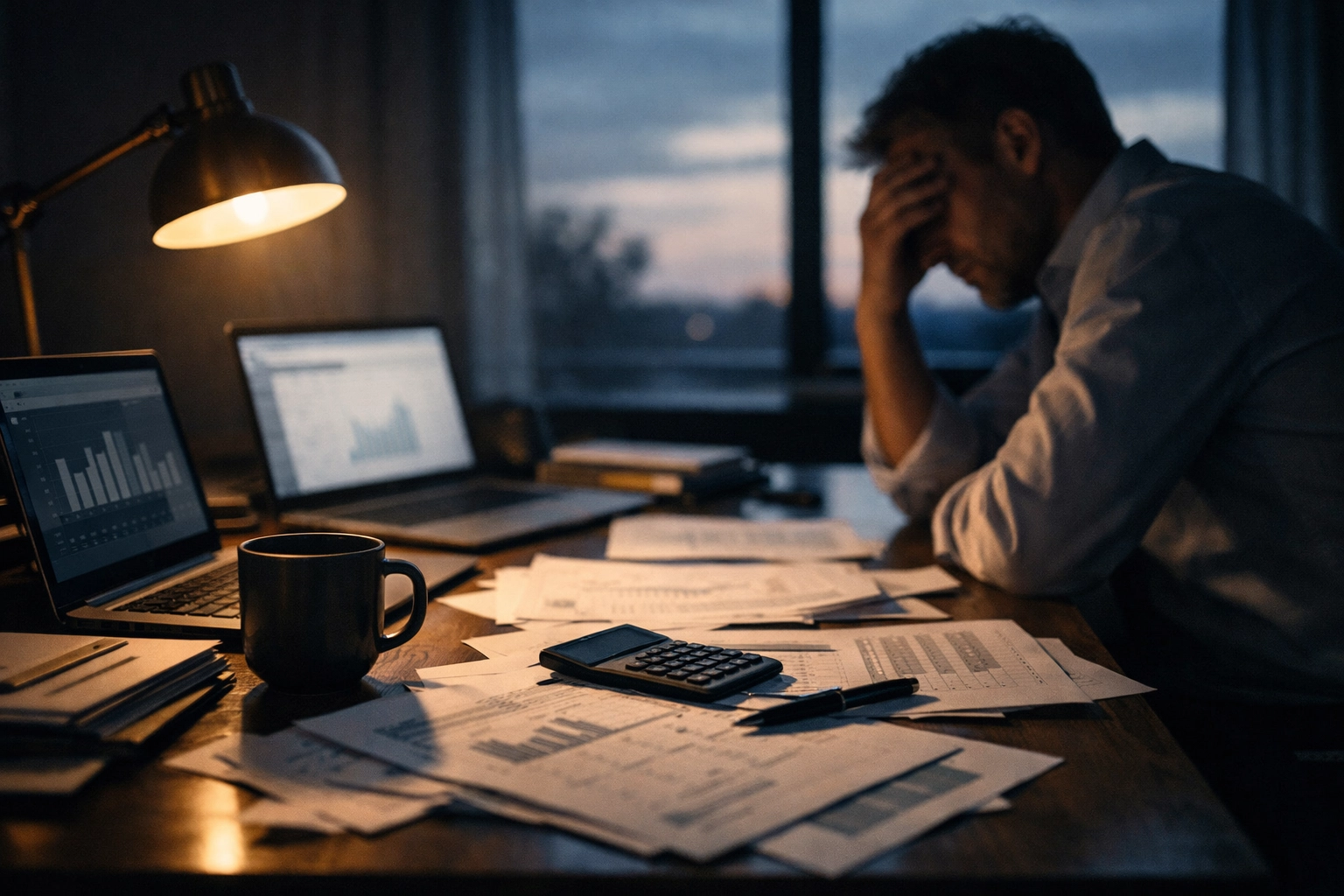 Overwhelmed solo financial advisor working late surrounded by laptops and paperwork at home office