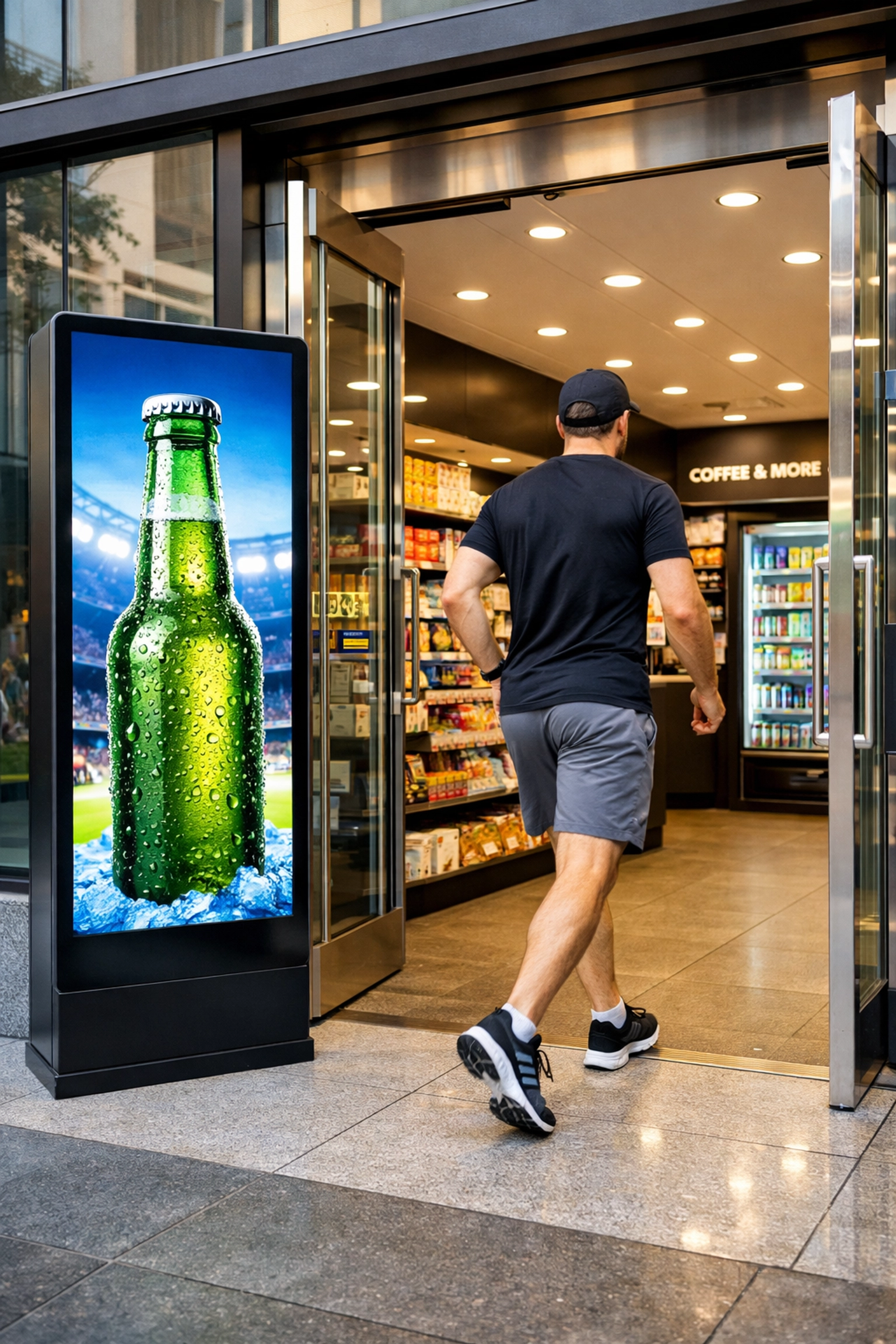 Retail media kiosk at a store entrance displaying sports-themed beverage ads to target shoppers near point-of-sale.