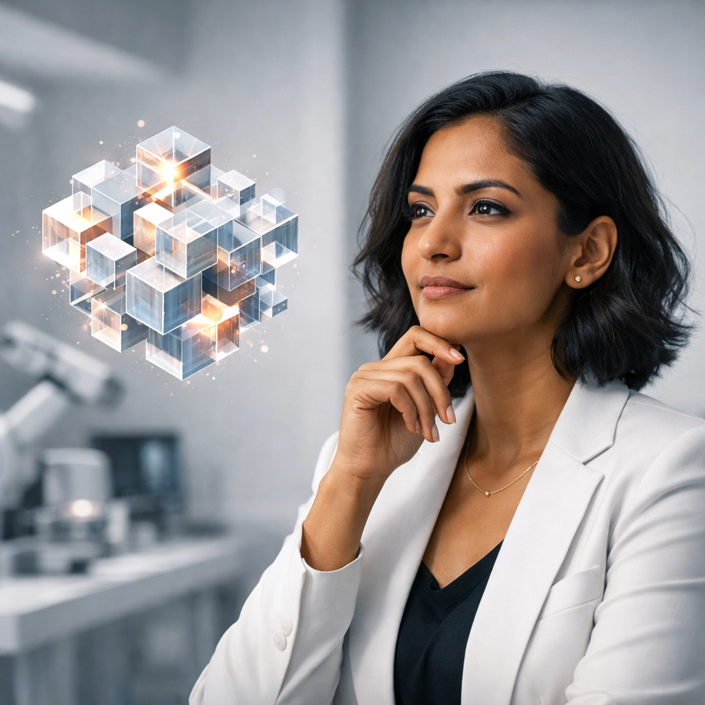 A female entrepreneur in a tech lab visualizing complex problem-solving and business adaptability for investor growth.