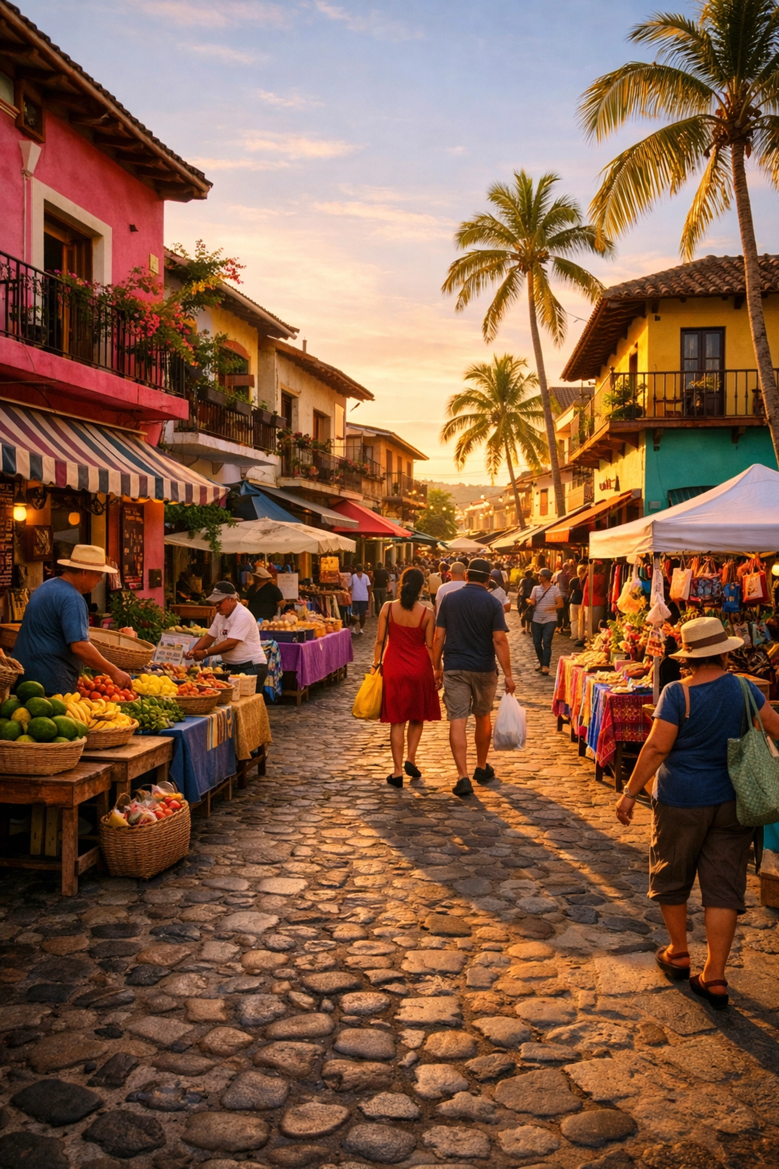 Colorful street scene in Puerto Vallarta's Zona Romantica with colonial buildings and local market vendors