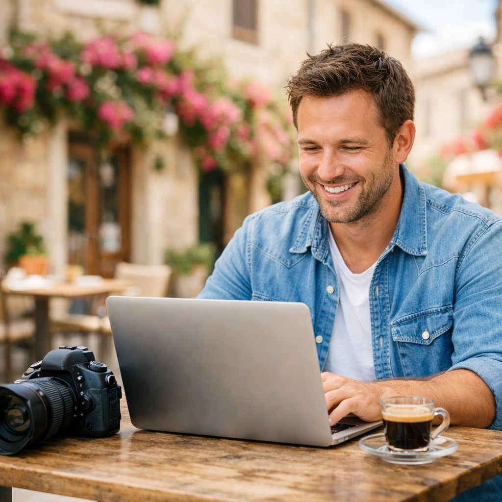 Photographer at a sunlit Mediterranean cafe efficiently managing a fast image delivery workflow.
