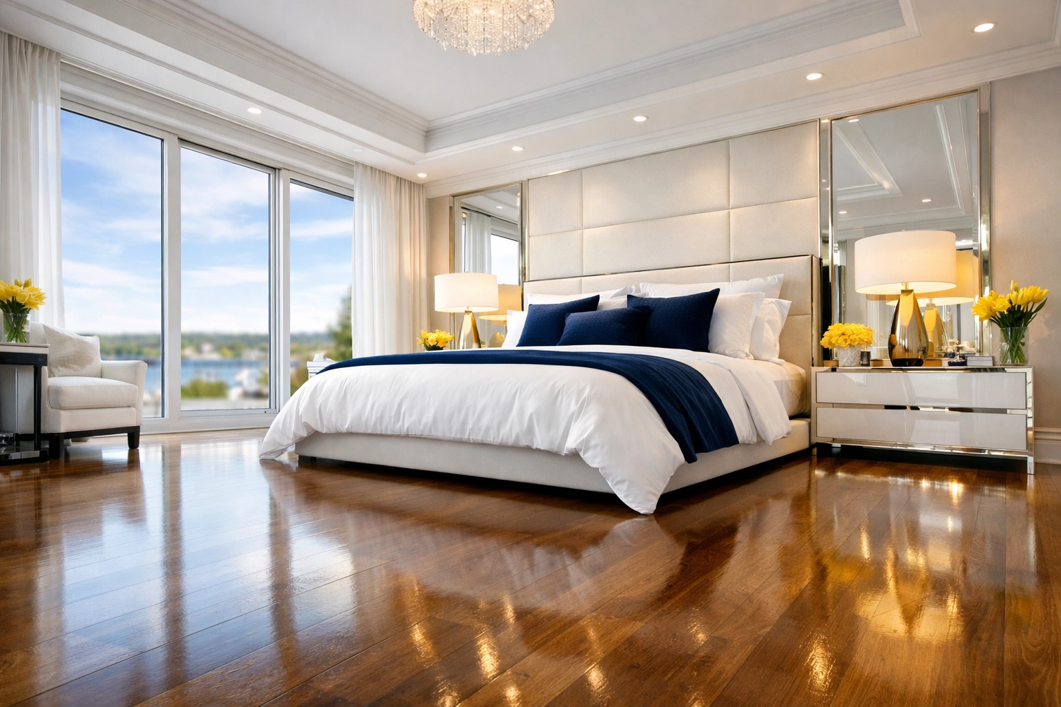 Luxury bedroom with crisp white linens and clean floors following a professional weekly house cleaning in Massachusetts.
