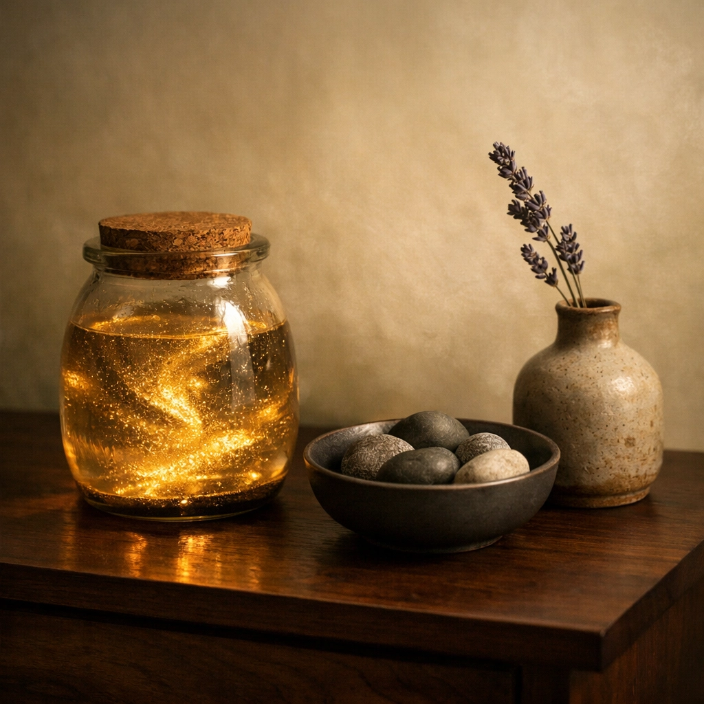 Handcrafted glass sensory jar and lavender on a walnut table for a curated mindfulness space.