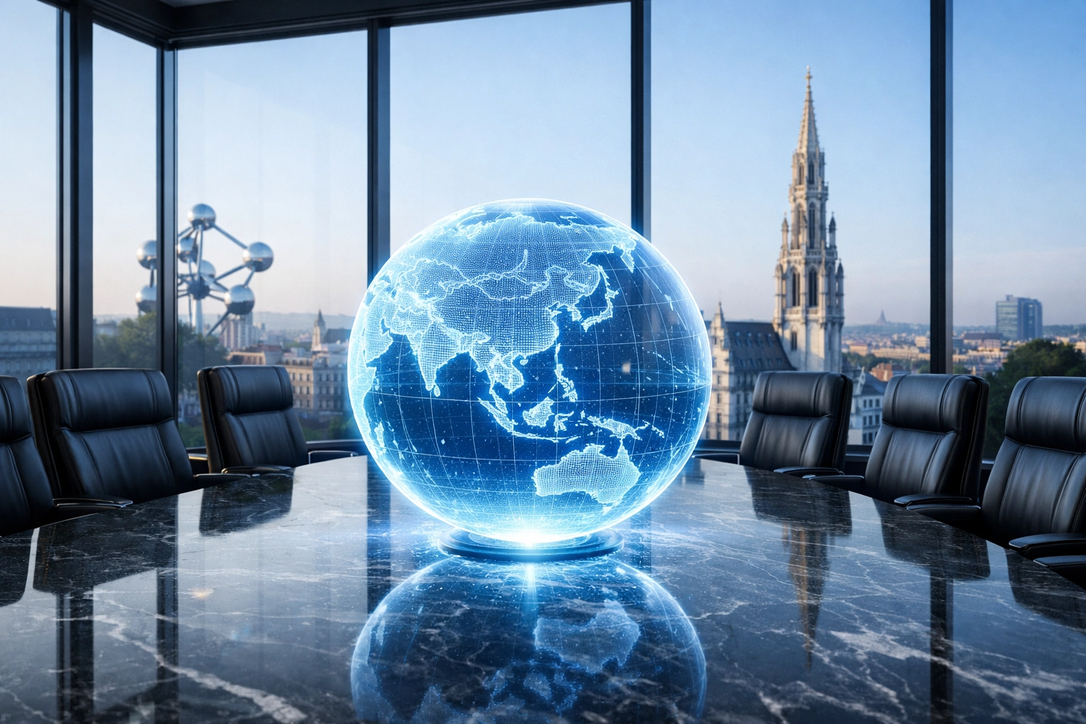 An empty international boardroom with a glowing globe, signifying the pause in EU-US trade negotiations.