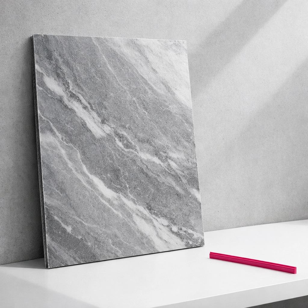 Sleek marble-patterned recycled plastic panel in a modern architectural studio showcasing sustainable construction materials.