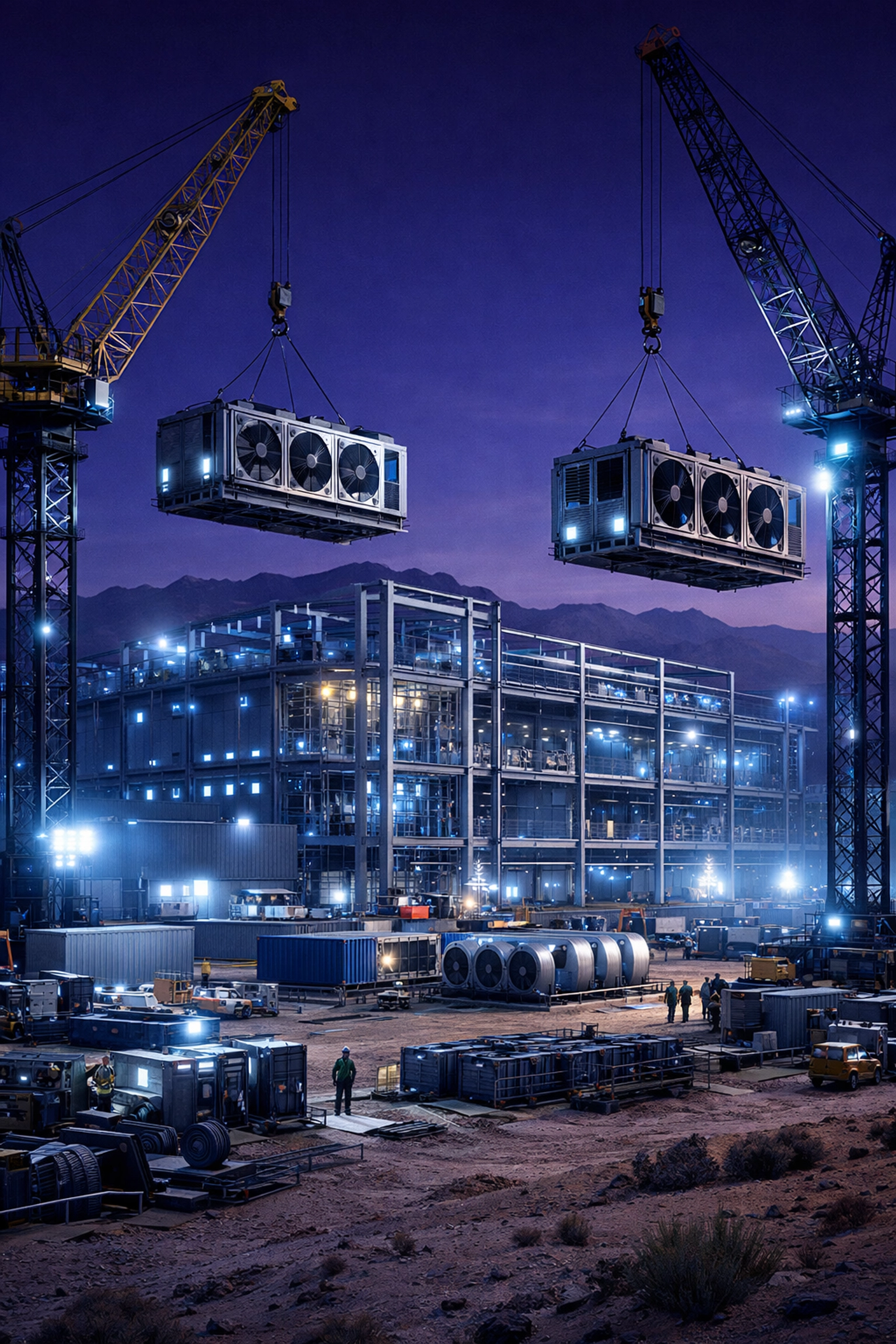 High-tech AI data center under construction with towering industrial cranes and steel frames.