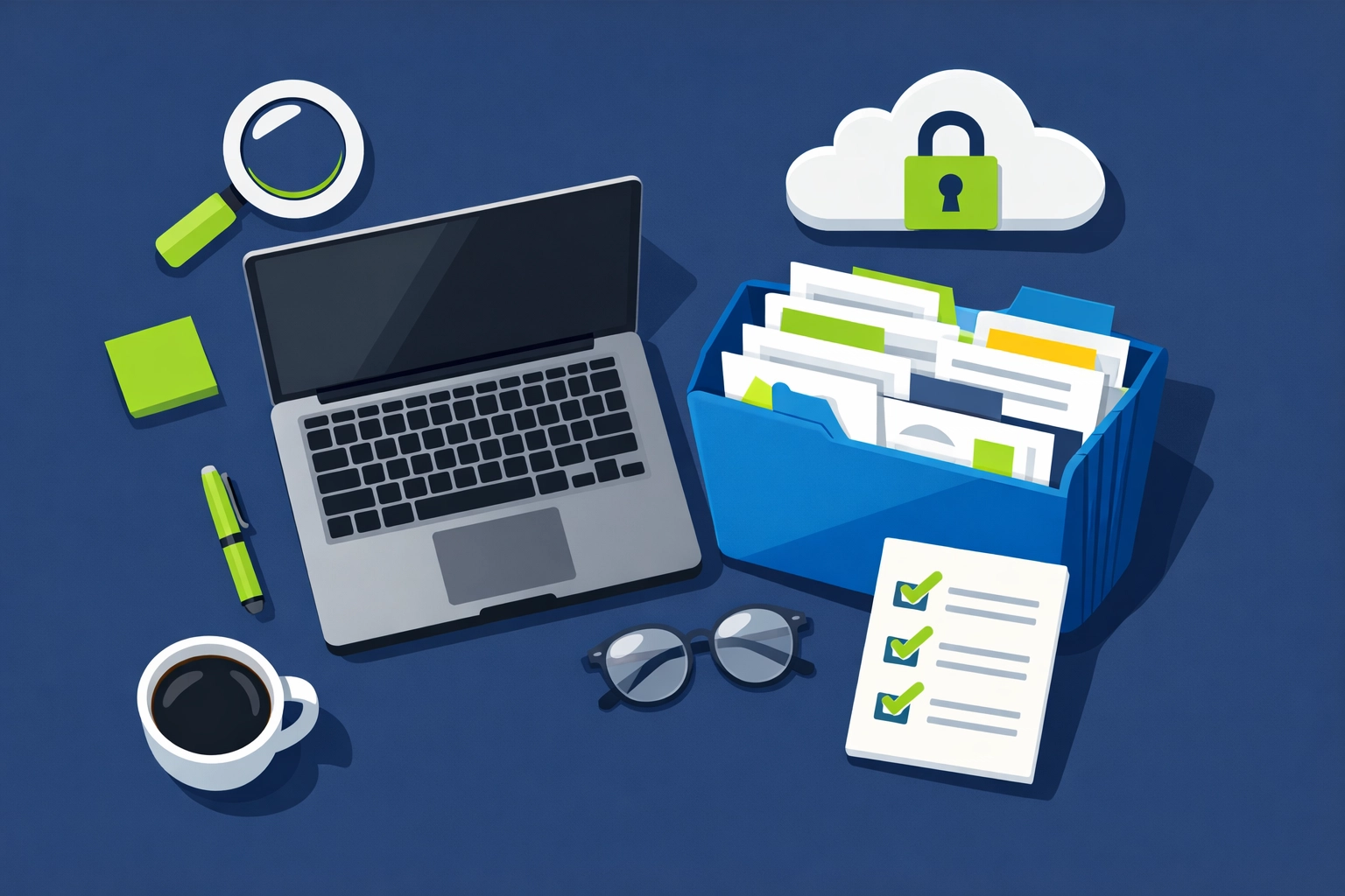 Flat design illustration of an organized digital workspace for 2026 tax document preparation.