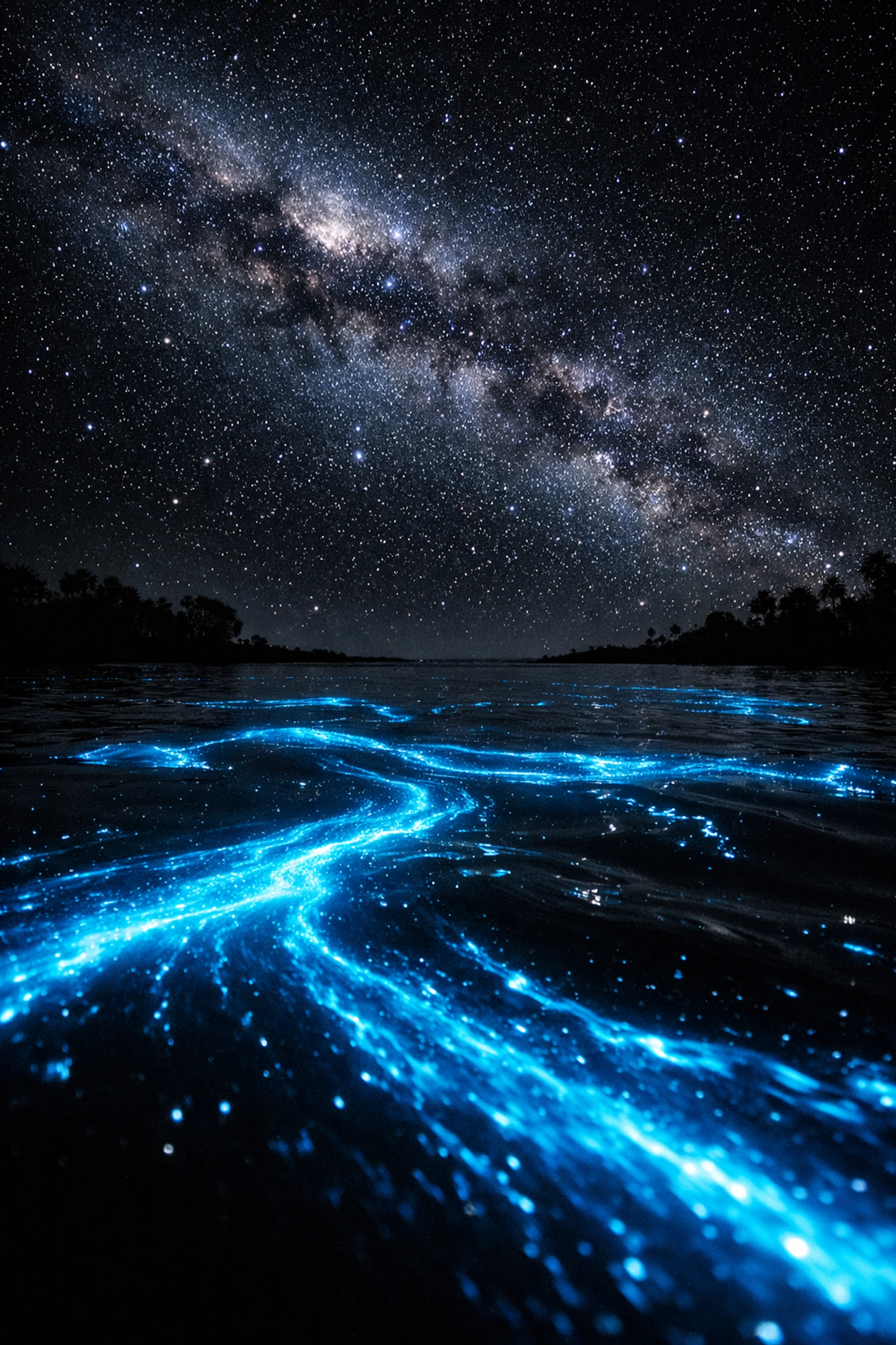 Indian River Lagoon bioluminescence glowing blue under starry sky during new moon phase