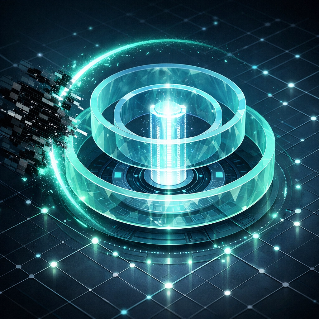 Isometric design showing layered security rings like MFA and conditional access blocking a cyber threat.