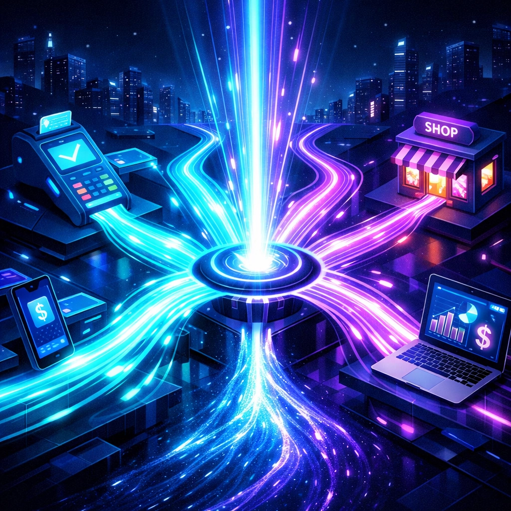 Digital business revenue streams flowing into a hub, representing revenue-based financing cash flow.